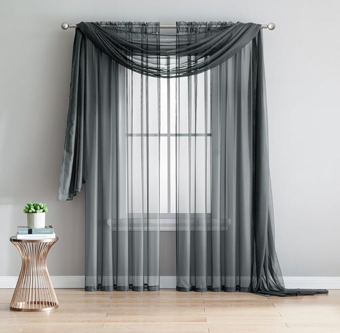 LINENZONE Pair of 2 Rod Pocket Long Window Treatments. Great Farmhouse Style Sheer Curtains for Living Room, Bedroom, Dining Room, Patio or Canopy Bed. (Amazing Sheers - 56" W x 96" L, Charcoal)