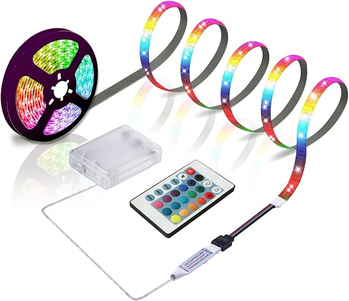 LED Strip Lights Battery Powered, 24 Keys Remote Control Light Strip for Parties, DIY Indoor Decoration, 6.56ft/2m