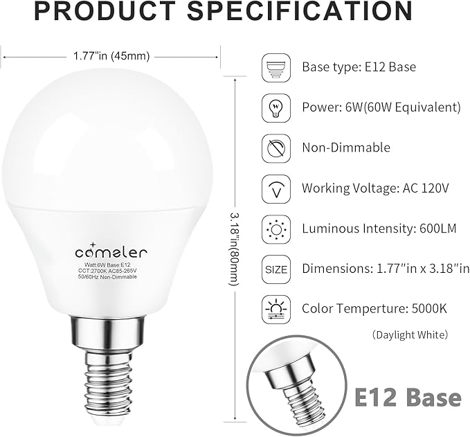 comzler LED Ceiling Fan Light Bulbs, A15 LED Light Bulb, 60 Watt Equivalent E12 Candelabra Base Light Bulbs, Daylight 5000K, 600LM, CRI > 80, Non-dimmable, 8 Pack