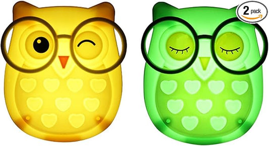 2 PCS Owl LED Plug in Night Light for Kids- Wall Lamp Take Good Care Children Sleep Light Sensor Auto Controlled Nightlights for Baby Nursing (Yellow+Green)