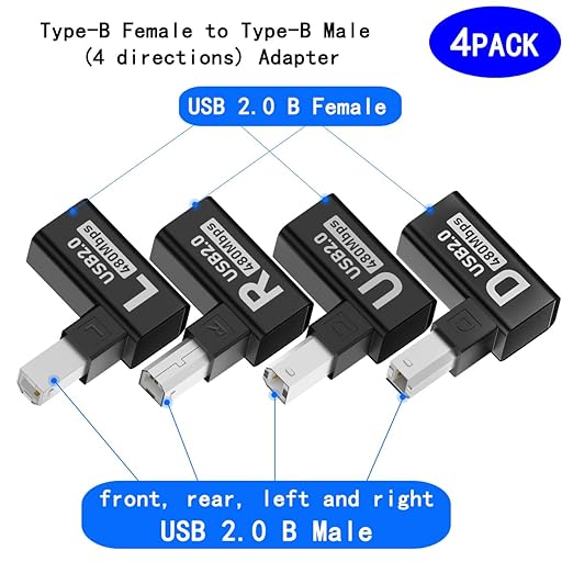 Type-B Male USB 2.0 to Female Extension Adapter Left+Right+up+Down Angled Each Horizontal Vertical Angled for Printer Scanner