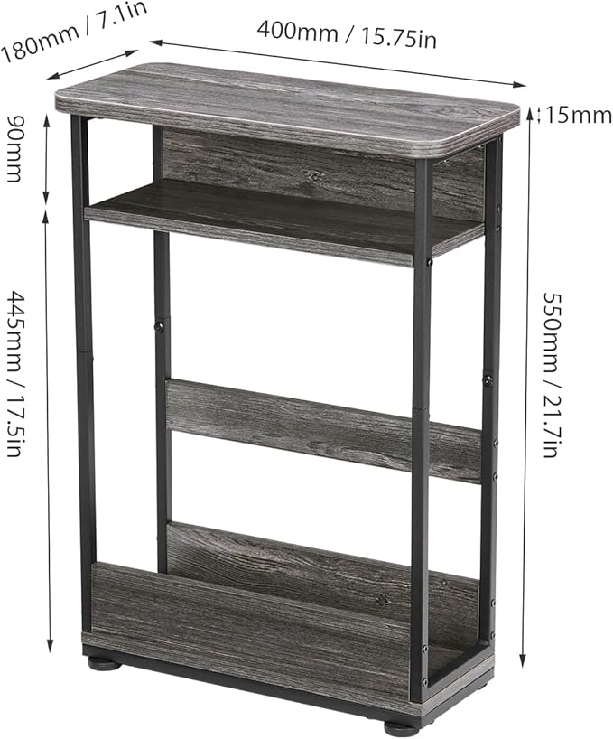 Narrow Side Table,3-Tier Slim End Table with Storage Shelf,Modern Sofa Table Thin Side Table for Narrow and Small Spaces, Skinny Bedside Table Small Nightstand with Magazine Rack Space Saving/Grey
