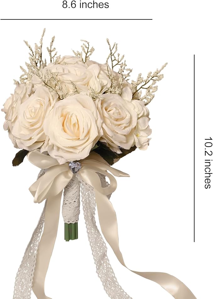 Wedding Bouquets for Bride, Champagne White Bridal Bridesmaid Wedding Flowers, Artificial Toss Rose for Civil Ceremony (Hollow Lace Ribbon Handle)