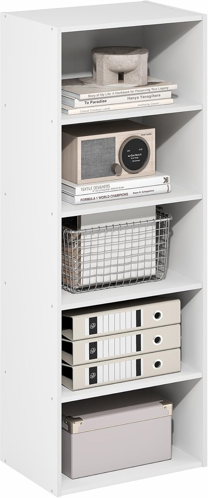 Furinno Basic Book Shelf, 5-Tier Bookshelf, Cube Storage Organizer Bookcase with Open Shelf, 11 x 17 x 44, for Living Room, Bedroom, Home Office, White