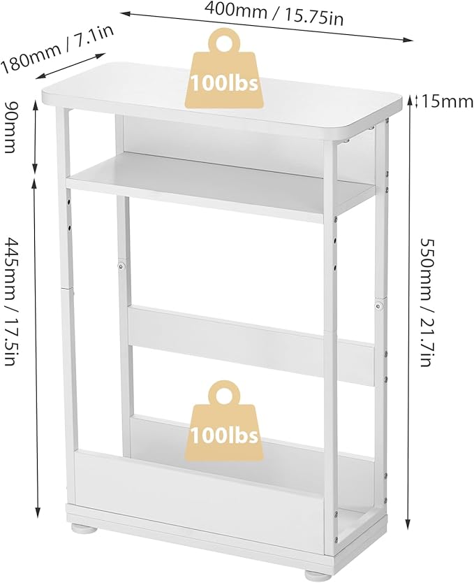 Narrow Side Table,3-Tier Slim End Table with Storage Shelf,Modern Sofa Table Thin Side Table for Narrow and Small Spaces, Skinny Bedside Table Small Nightstand with Magazine Rack Space Saving/White