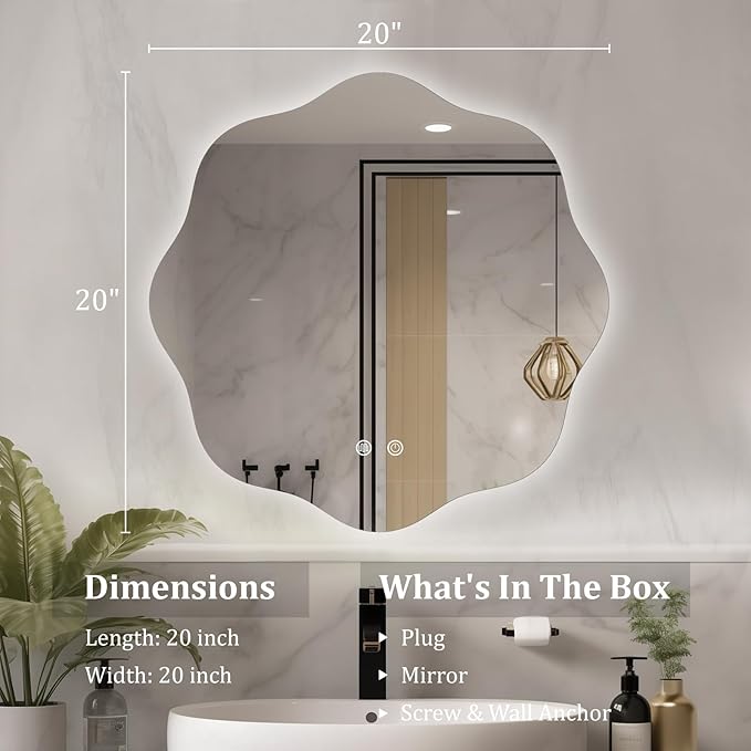 WallBeyond LED Bathroom Mirror with Lights, 20'' Wavy Round Light Up Bathroom Mirror, Anti Fog Led Mirror for Bathroom, 3 Colors and Dimmable Light