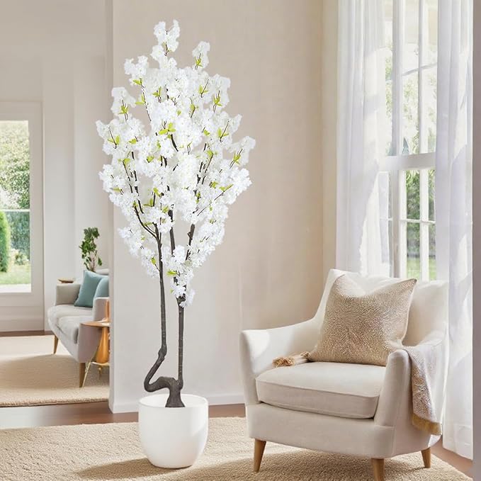 7.2 ft White Artificial Cherry Blossom Tree for Home Decor, Nearly Nature Faux Silk Flower Tree Indoor, Fake Realistic White Flowering Plant for Living Room Wedding Office Decorations