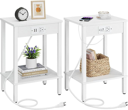 VIMBER Set of 2 End Table with Charging Station, Narrow Side Table with USB Ports and Outlets, Nightstands with 2-Tier Storage Shelves, Sofa Table for Small Space Living Room Bedroom, White UTBT102W2
