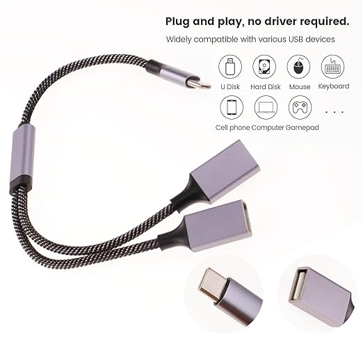 USB C Male to Dual USB A Female Adapter(10 inch long), USB C to Double USB A Splitter, C to Two Type A 2.0 OTG Adapter, Multiple Hub for Laptop,Tablet,Telephone,Flash Disk Drive, Gaming Consoles(Grey)
