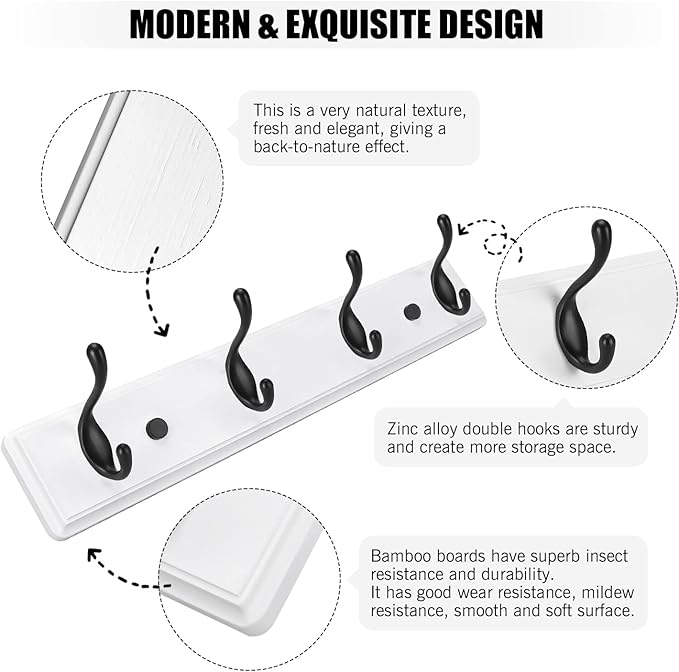 Wooden Coat Rack, Wall-Mounted Organizer for Closet, Entryway, Hallway, Foyer, Bedroom, Heavy Duty Double Hooks for Hanging Towels, Bags, Hats, Jackets, Key (WhiteBlack, 4 Hooks)