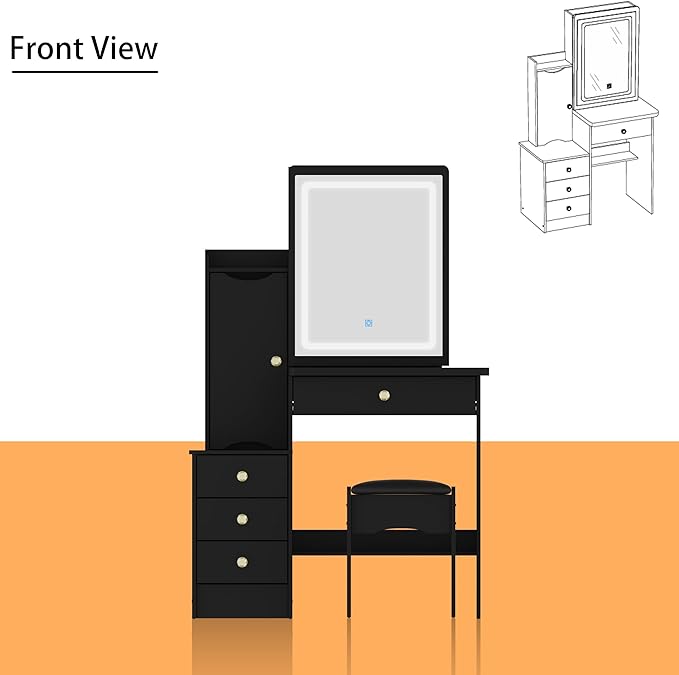 FAMAPY Vanity Mirror with Lights Desk and Chair, Vanity Desk with Sliding Lighted Mirror, Makeup Vanity with Lights, Drawers & Crystal Handles, Cushion Stool, Black