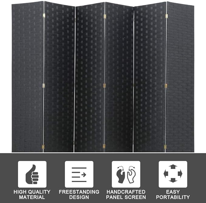 Room Divider Wood Screen 6 Panel Folding Portable Partition Screens Wooden Mesh Woven Design Room Screen Divider for Home Office (Black)