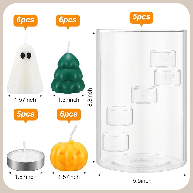 Christmas Glass Hurricane Candle Holder with 18 Pcs Tree Pumpkin Ghost Candles and 5 Tea Light Cylinder Pillar Candle Holder for Xmas Thanksgiving Halloween Table Centerpiece Decorations