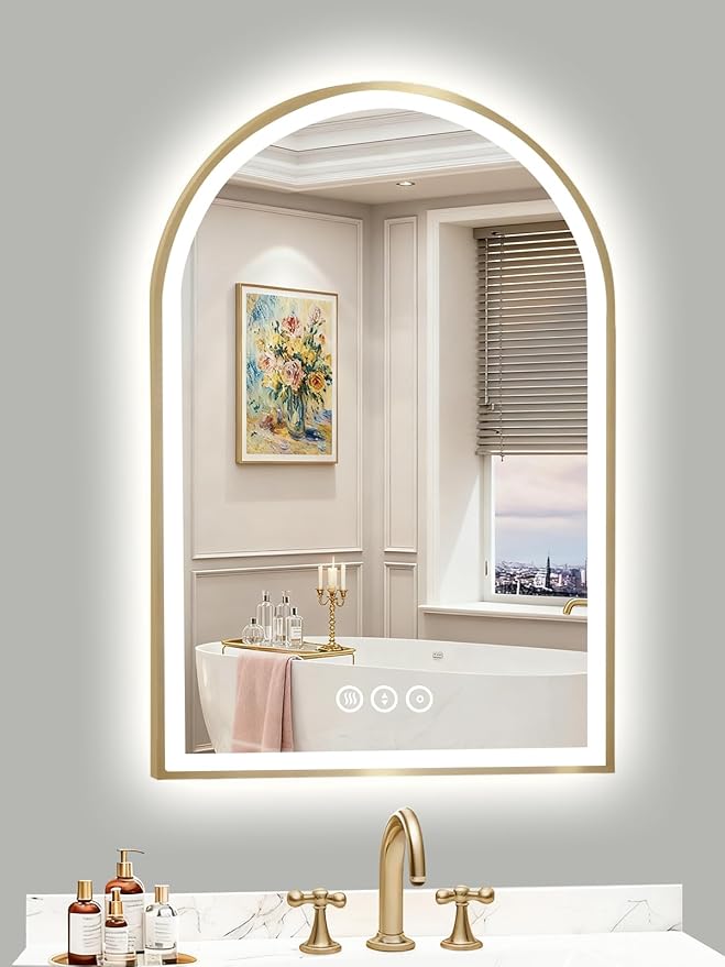 20x30 Inch Arch LED Bathroom Mirror, Gold Lighted Bathroom Mirrors Wall Mounted, Vanity Mirror with Anti-Fog, Memory Function, 3 Color Temperature, Dimmable Led Mirror for Bathroom