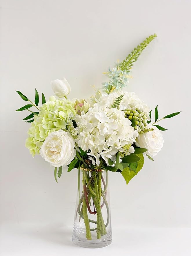 YalzoneMet Artificial Hydrangea Flowers 4 Pcs 2 White 2 Light Green 21 inch Long Rod Real Touch Lifelike Fake Latex Hydrangea Flowers for Home Party Outdoor Wedding Gifts Christmas Table Decoration