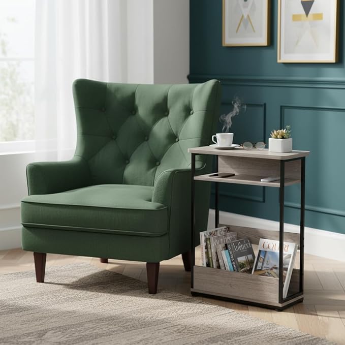 Vintage Narrow Side Table with Storage Shelf, 3 Tier Slim End Table Modern Sofa Table for Narrow and Small Spaces, 24.6 Inch Height Bedside Table Nightstand (Oak, Large)