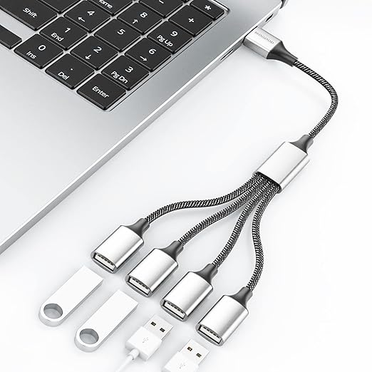 USB A Splitter(10 inch Long),USB A Splitter 1 in 4 Out,USB A Male to 4 Female USB Y Splitter,USB Splitters for Charging Slow and Data Transfer for Webcam/Printer/USB Devices/Laptop Etc(Grey)