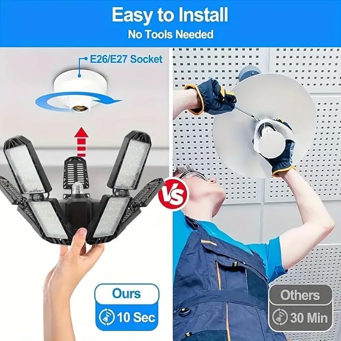 2 Packs LED Garage Light, Super Bright Screw in E26/E27 Ceiling Shop Work Lamp, 260W 26000 Lumen Deformable Basement Bulb Fixture with 10+1 Adjustable Panels, Lighting for Workshop, Attic