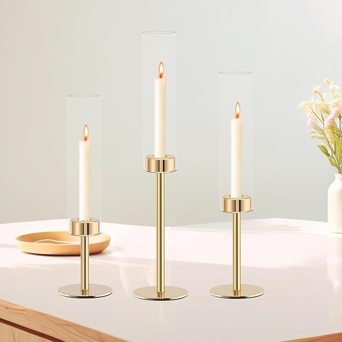 Glass Hurricane Candlestick Holders, Rose Gold Taper Candle Holder Set, Vintage Candelabra, Great Gift for Home Decor Aesthetic, Birthday Parties, Fireplace Parties,Thanksgiving Day & Christmas