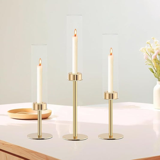 Glass Hurricane Candlestick Holders, Rose Gold Taper Candle Holder Set, Vintage Candelabra, Great Gift for Home Decor Aesthetic, Birthday Parties, Fireplace Parties,Thanksgiving Day & Christmas
