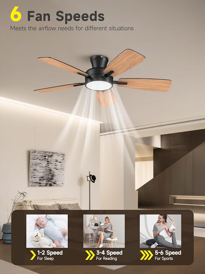TALOYA Ceiling Fans with Lights and Remote, 46 Inch Low Profile Ceiling Fan with Light, Flush Mount, Reversible, 3CCT, Dimmable Black Modern Ceiling Fan for Bedroom, Living Room, Outdoor Patio