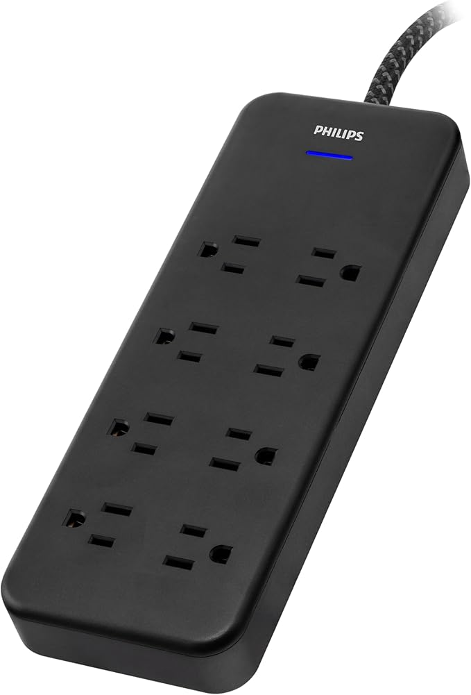 Philips EZFit 8-Outlet Surge Protector Power Strip, 8 Ft Braided Extension Cord, Widely Spaced Outlets, Flat Plug, for Home Office Dorm Essentials, 2160 Joules, Black, SPP3673B/37