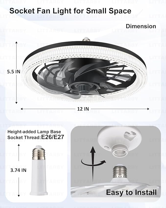 Ceiling Fans with Lights, Socket Fan Light with Remote Control, Dimmable Brightness 3000K-6500K Memory, Socket Modern Flush Mount Low Profile Ceiling Fan for Bedroom, Small Living Room, Kitchen Black