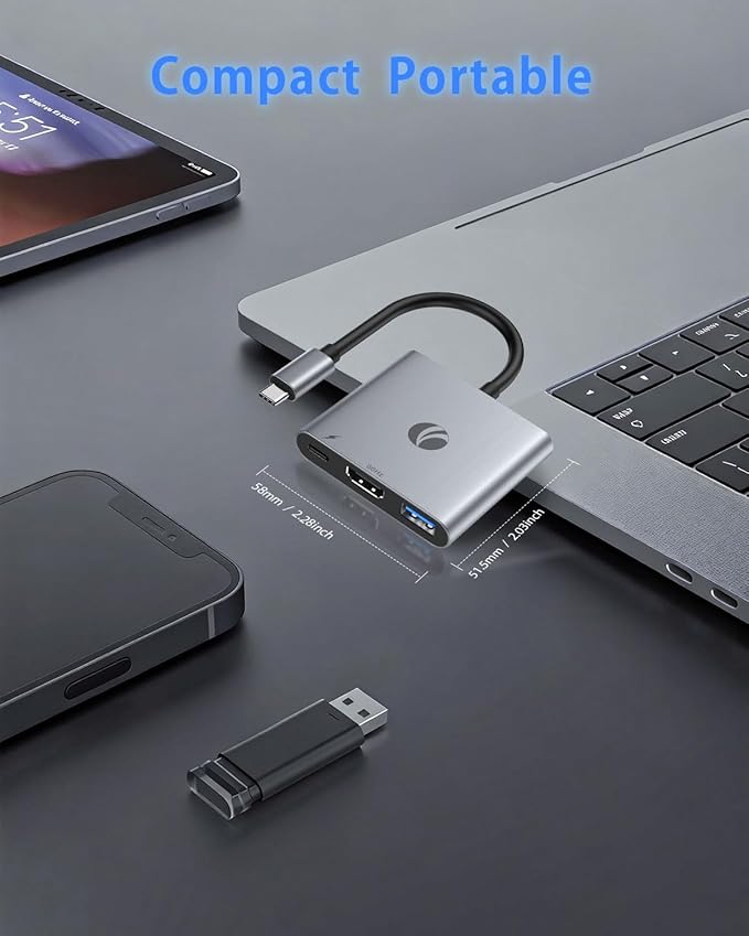 VCOM USB-C to HDMI Adapter, 3-in-1 4K@60Hz HDMI Adapter with 100W PD Charging & 5Gbps USB 3.0 Port, USB Hub Multiport for MacBook, iPad, iPhone 16 Pro Samsung S24/23, Chromebook (Grey（3-in-1)