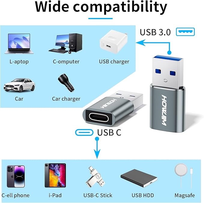 USB to USB C Adapter 4 Pack,HOWJIM USB C Female to USB 3.0 Male OTG Adapter,PD27W/66W Fast Charging 5Gbps Data Transfer for M-acBook,Pad Pro,Phone 17/16/15,G-alaxy,X-peria,A-irpods,Pixel,CarPlay Gray