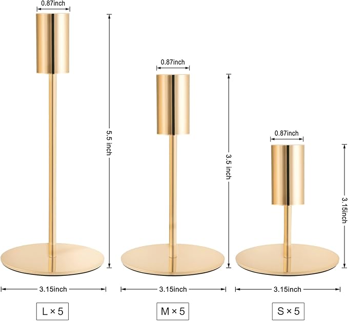 Gold Taper Candlestick Holders,Taper Candle Holders Set of 15,Metal Taper Candle Sticks Stand Holders,Modern Decorative Candle Holders for Wedding Certerpieces,Festive, Mantel,Home,Party