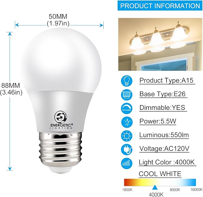ENERGETIC SMARTER LIGHTING LED Refrigerator Bulb 40 Watt Equivalent, 4000K Cool White, Dimmable A15 Ceiling Fan Light Bulbs, E26 Base, UL Listed, 6 Pack