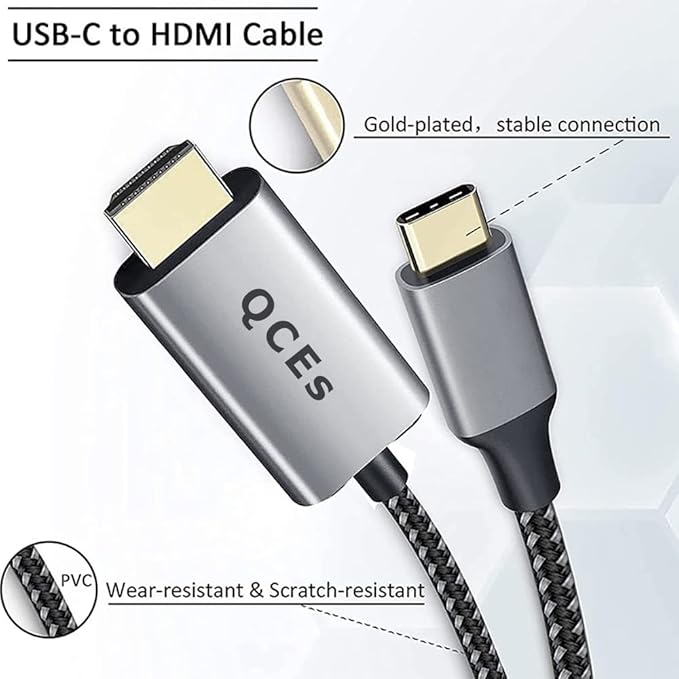 QCEs USB C to HDMI Adapter Cable 6Ft, Thunderbolt 3 to HDMI Cable for Home Office, 4K Display Compatible for iPhone 16/15 Plus Pro Max, MacBook Pro/Air, Galaxy S25/24, Surface Book 2