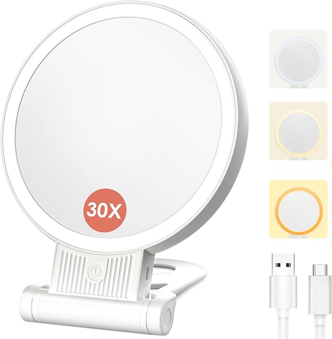 1X/30X Magnifying Mirror with Light and Adjustable Brightness, Makeup Mirror with 360° Rotation Adjustable Folding Handle, Portable Rechargeable Double Sided Mirrors, Foldable Vanity Mirror (white)