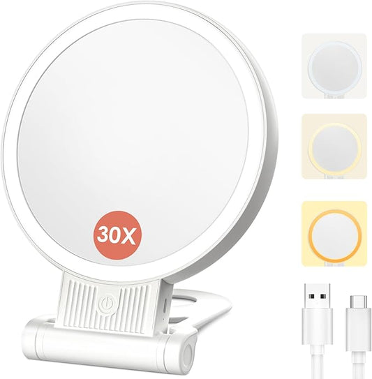 1X/30X Magnifying Mirror with Light and Adjustable Brightness, Makeup Mirror with 360° Rotation Adjustable Folding Handle, Portable Rechargeable Double Sided Mirrors, Foldable Vanity Mirror (white)