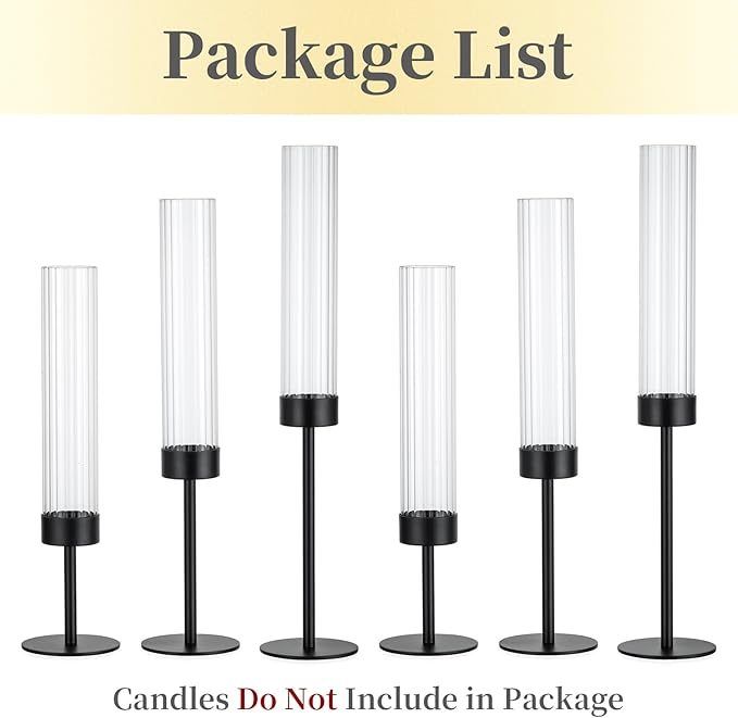 Hewory Black Taper Candle Holders: Candlestick Holders Set of 6 Hurricane Glass Tall Candle Holder for Candlesticks Candle Sticks Holder Decor for Table Centerpiece Wedding Party Christmas Decorations