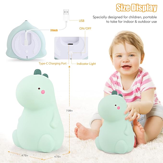 VSATEN Dinosaur Night Light for Kids, Cute Color Changing Silicone Baby Night Light with Touch Sensor, Portable Rechargeable LED Bedside Nursery Lamp for Toddler's Room, Gifts for Boys Girls, Green