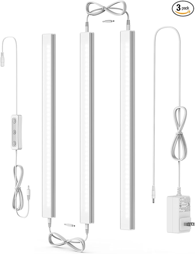 ASOKO Under Cabinet Led Light Plug in, Dimmable Daylight White 4500K, 3 Pack 12 inch Linkable Led Under Counter Lights for Kitchen, Shelf, Workbench, Cupboard, ETL Listed Plug 24V, UNO-LK 4500K