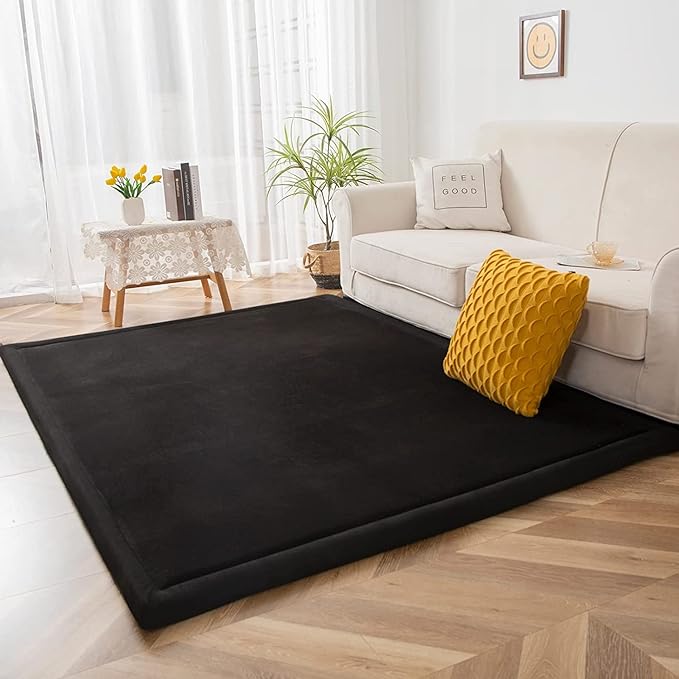 MAXYOYO Baby Play Mat, 1.2" Thick Memory Foam Soft Padded Carpet with Non-Slip Backing, 5x7 ft Japanese Tatami Rug Living Room for Kids, Toddler, Children, Nusery(Black)
