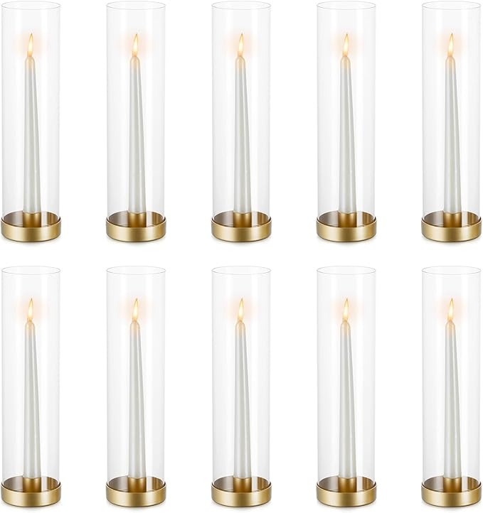 NUPTIO Hurricane Glass Candlestick Holders: 10 Set Bulk Gold Taper Candle Holder Metal Candle Stick Stand with 11.81 inch Tall Windproof Clear Seelves for Outdoor & Indoor Wedding Party Holiday Decor