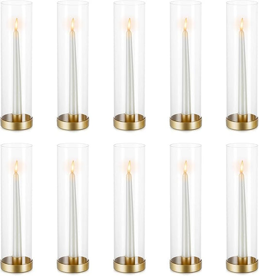 NUPTIO Hurricane Glass Candlestick Holders: 10 Set Bulk Gold Taper Candle Holder Metal Candle Stick Stand with 11.81 inch Tall Windproof Clear Seelves for Outdoor & Indoor Wedding Party Holiday Decor