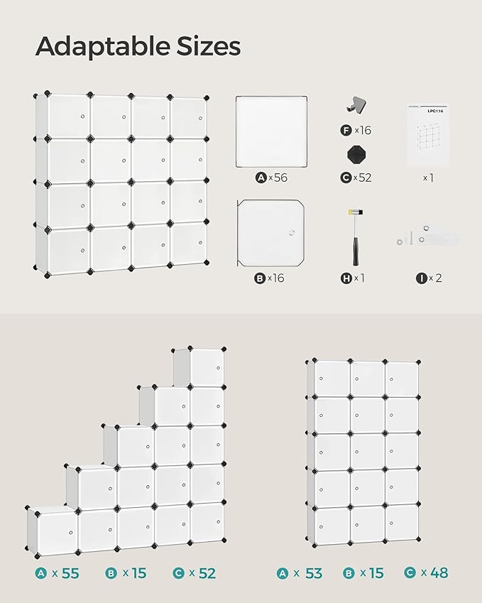 SONGMICS Cube Storage Organizer, Set of 16 Plastic Cubes, Closet Storage Shelves, DIY Plastic Closet Cabinet, Modular Bookcase, Shelving with Doors for Bedroom, Living Room, White ULPC44BSV1
