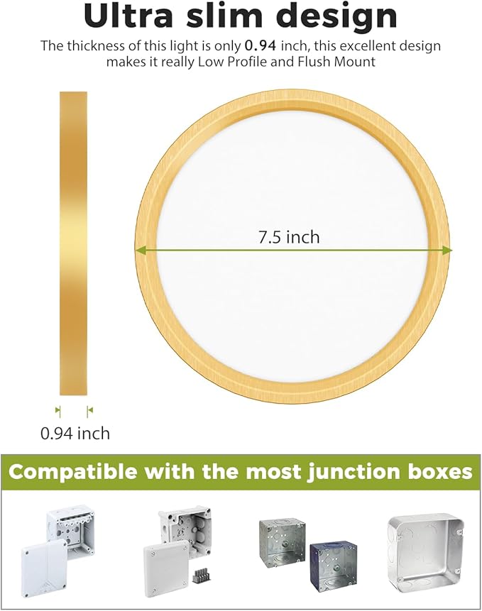 hepside 1Pack Dimmable Flush Mount Ceiling Light Fixture Golden, 3CCT Selectable 3000/4000/6500K Ceiling Lamp, 7.5INCH 15W 1500LM Low Profile Light for Bedroom, Kitchen, Bathroom, Hallway
