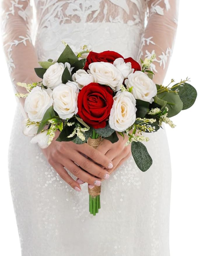 Rose Wedding Bouquet - Artificial Red White Flowers for Bride and Bridesmaid - Faux Holding Flower for Wedding Decor