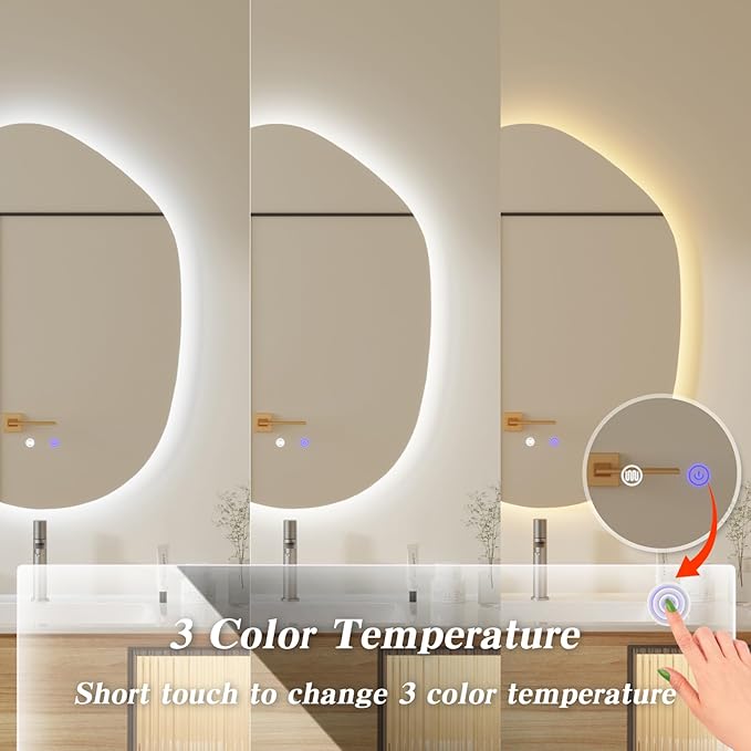 QDSSDECO Irregular LED Bathroom Mirror with Lights,Asymmetrical Led Bathroom Vanity Mirror for Wall with Front and Backlit, Anti Fog, 3 Colors and Dimmable Light, 23" x 31"