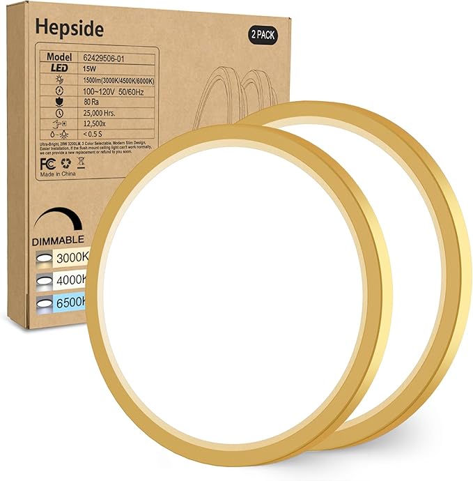 hepside 2Pack Dimmable Flush Mount Ceiling Light Fixture Golden, 3CCT Selectable 3000/4000/6500K Ceiling Lamp, 7.5INCH 15W 1500LM Low Profile Light for Bedroom, Kitchen, Bathroom, Hallway