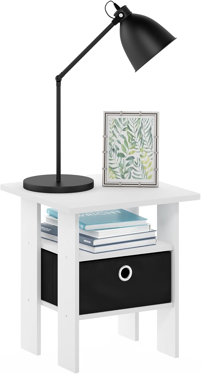 Furinno Andrey Side Table, End Table, Night Stand with Open Shelves and Storage Bin, Bedside Table, for Living Room, Bedroom, White
