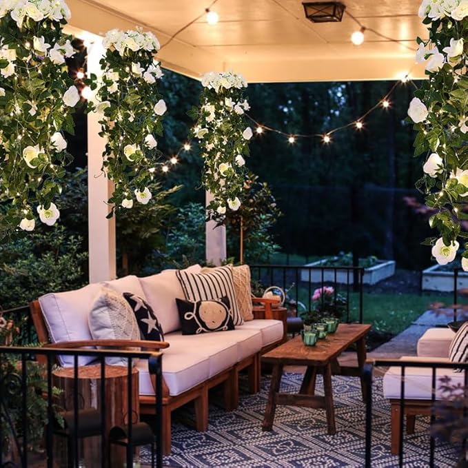 RECUTMS Artificial Rose Vine Plants Hanging 4Pieces 3.3Ft,Fake Light up Vines with 30 LED Lights Decor for Home, Office,Room, Door, Garden,Porch, Wedding Decoration (White)