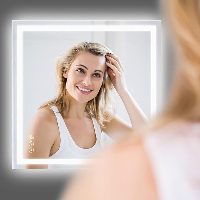 Wall-Mounted LED Square Bathroom Mirror, Makeup Mirror (36 inches x 36 inches,) 3 Color Dimming Bathroom Vanity Mirror with Lights Smart Mirror with Touch