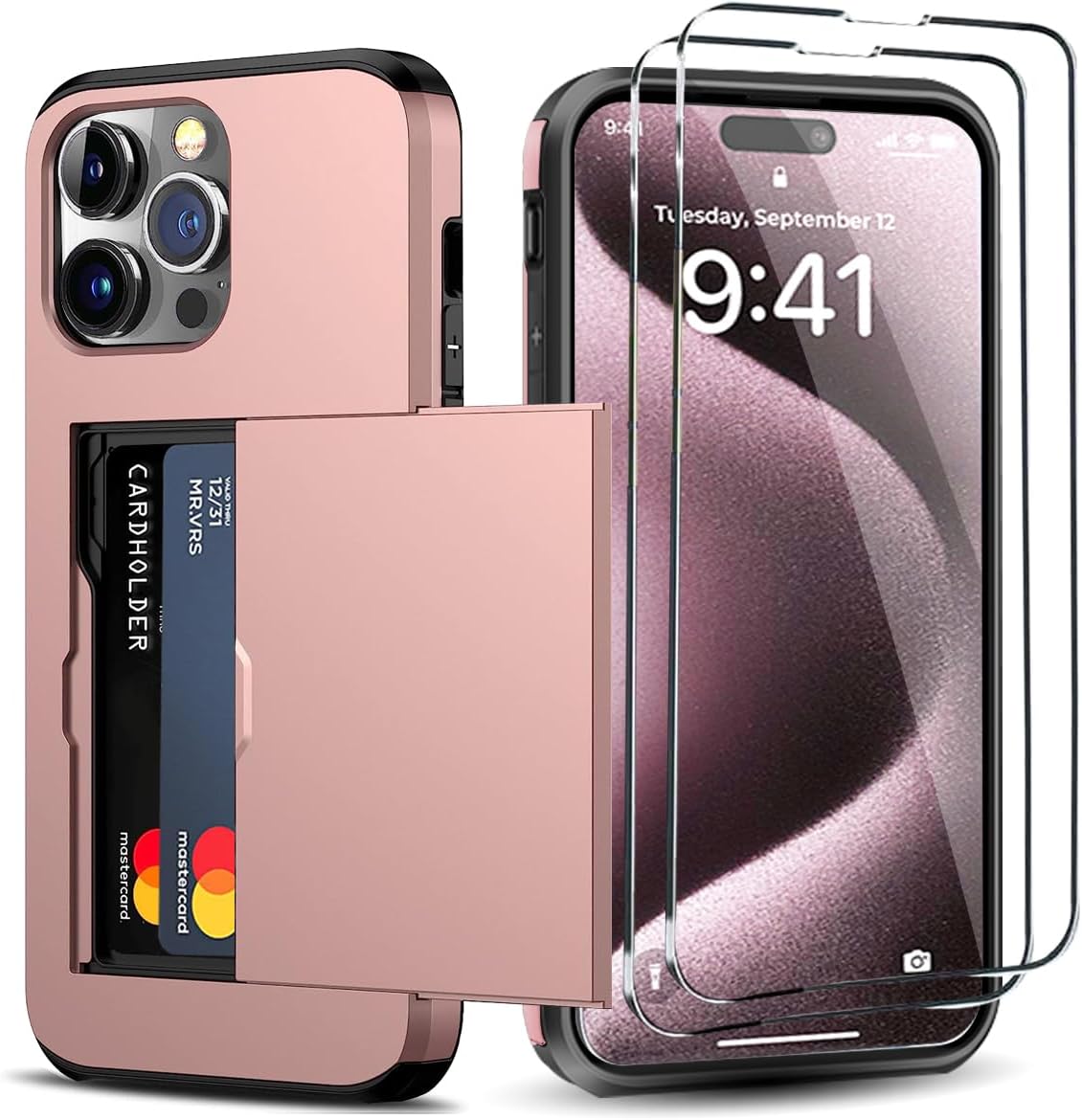 iPhone 15 Pro Wallet Case with Card Holder + 2 Tempered Glass Screen Protectors, Heavy Duty Shockproof Slim Case 6.1
