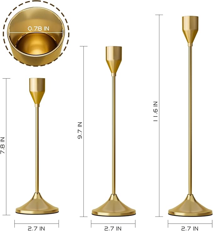 Brass Gold Metal Taper Candle Holder, Vintage Candlestick Holders, Candle Sticks Holder Decor for Wedding Wedding, Dinning, Party, Fits 3/4 inch Thick Candle&Led Candles (Set of 3 Pcs)